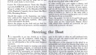 Starting the Engine Turn on the ignition switch retard the spark by moving the control lever located on the sgteerir wheel on the left or port side all the way upwards Open the throttle control lever which is the other lever on the steering wheel and located on the right or starboard side tohniredof the way from its highest position down See note also Plates 14 15 and 16 Pull out the choke and press down on the starter button located on the toe board with the right foot After a few revolutions the engine will start As soon as the engine starts push the choke back and advance the spark by pulling the spark lever down Immediately motor starts close gas throttle so motor will idle at from 300 to 500 RPMuntil ready to leave dock Under No Circumstances Turn the Engine up to its fullRPMas Listed in the Catalog Keep it within Four to Six HundredRPM of the Esngine Capacity for at least the First Fifty Running Hours Should the engine at the beginning run irregu larly pull out the choke for an instant until the engine picks up and fires regularly then push choke back against the dash Watch the gauges on the dash and see that the oil pressure registers oil pressure and the ammeter registers charge Before untieing the boat see to it that the water circulation is functioning properly The proper functioning of the water circulation may be observed by differentiating between the loud noise when the engine starts and the muffled exhaust when the water is circulating This difference in exhaust sound should be ob served within hoanlef minute from the time the engine starts running on its own power During all the foregoing you should not race the engine for several reasons the main one of which is that during the time the motor was not running all the lubricating oil has drained from the cylin der walls pistons etcetera back into the base of the motor and a little time should be given for the oil to start properly circulating again cover ing all moving parts with a film of oil In other words give your engine a chance and thereby your whole boat as the success of your boat is integral with the success of your engine and we all know that the success of your motor is greatly dependent upon the care with which the motor is broken in and it is the same with a marine motor and boat running gear as it is with the chassis ofyour automobile Note On models1378014and 15 the spark hand control lever is disconnected The distri butor used on the CChrarifst Marine Motor with which these models are powered are pro vided with automatic advance Steering the Boat It is impossible to go into details as to every goes to the right or what we call starboard side contingency and all conditions which may be encountered when out in the open water How ever we will describe a few of the most frequent instances We assume that the engine is running and every thing is performing properly as indicated in the foregoing paragraphs The driver should now see to it that all his passengers are properly seated and then untie the mooring lines placing these in the boat as described in a previous part of the book The bow of the boat should next be shoved off slightly by means of the boat hook which is fur nished with each boat The rudder should be straight Inoher words the steering wheel should be between its two extreme limits and this being done no difficulty will be experienced in leaving the dock Under no circumstances try to leave a dock quickly by turning the wheel all the way in the direction away from the dock as this would cause the stern to swing against the landing damaging the hull The boat steers the same as an automobile When you turn the wheel to the right the boat when you turn the wheel to the left or port side the boat will go to port The difference of the response to the wheel in an automobile and a boat lies therein that when you turn the automobile steering wheel the forward part of the car will start moving first in that direction and the rear end of the car will follow In a boat it is just the opposite in that the stern of the boat will start swinging first and into the opposite direction in which the steering wheel is turned This will point the boat into the direc tion in which you want to go In backing the boat out of a narrow channel it will be found that the stern of the boat tends to go one way depending upon the rotation of the propeller With theCChrarifst it will be noted that the stern of the boat tends to move towards the port or left hand side The proper way to back out is to obtain sufficient swtearyn and backing out handle the steering wheel the same as you would in an automobile Should on account of the previous described tendency the stern of your boat approach too near a bank or dock slow down the motor and shift